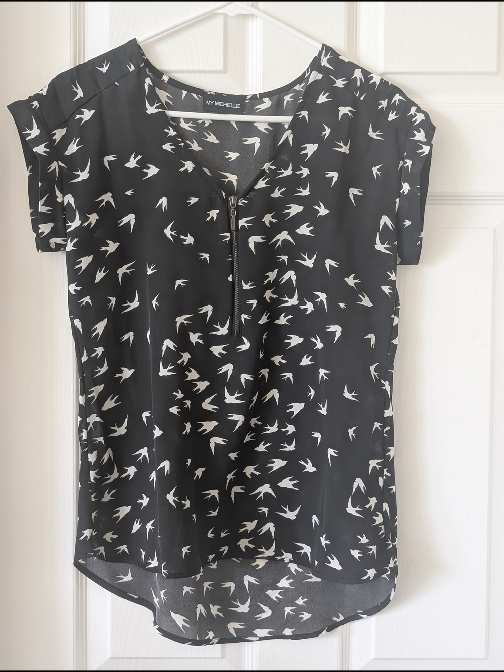 My Michelle Black & White Zip-Front Flutter Sleeve Blouse